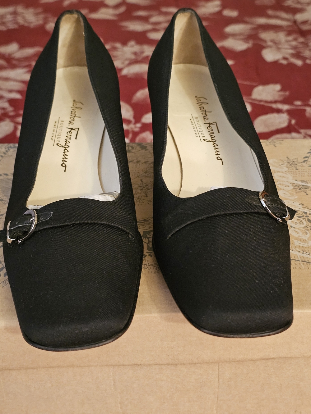 Salvatore Ferragamo Black Canvas Square-Toe Pumps